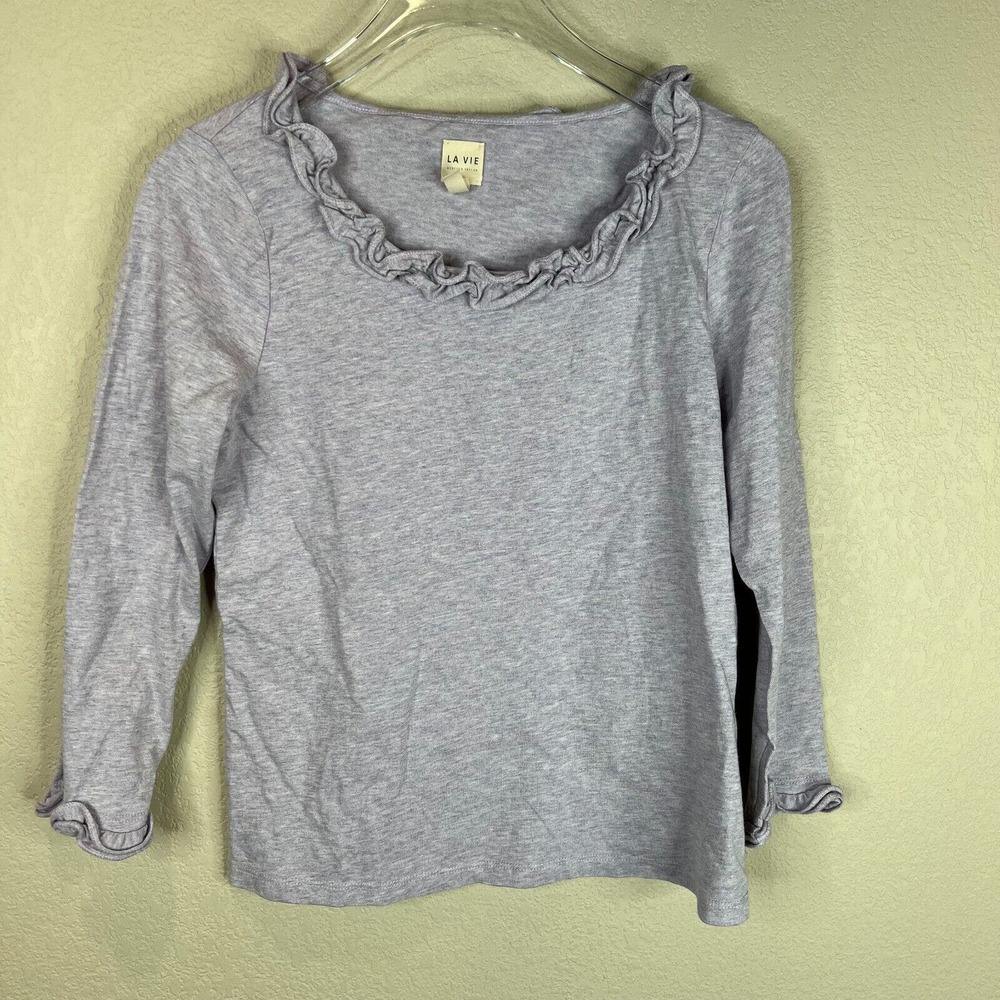 Rebecca Taylor Womens Tee Shirt Top Size Small S Gray Heather 3/4 Sleeve Ruffled